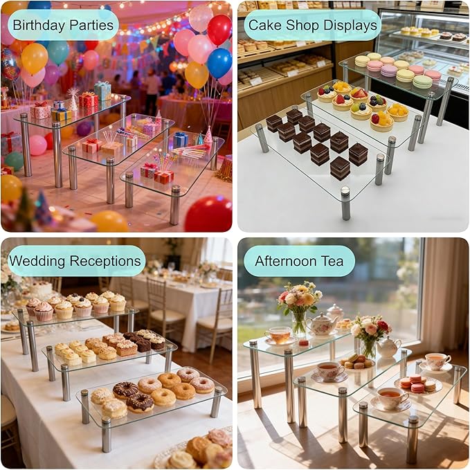 6 Pack Tempered Glass Display Stands Set, 13 Inch Rectangular Cake Cupcake Stand Dessert Display Riser Serving Platter Plate for Decoration Table Party Wedding Baby Shower