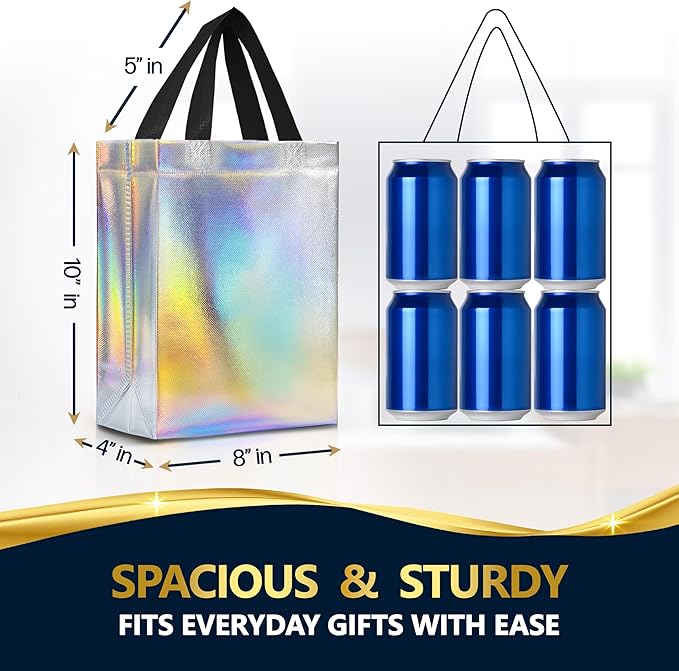 Nush Nush Set of 60 Iridescent Medium Gift Bags Bulk - Reusable Holographic Gift Bags With Handles - Goodie Bag for Birthday, Small Business, Wedding Welcome Gifts, Large Events – 8W x 4D x 10H