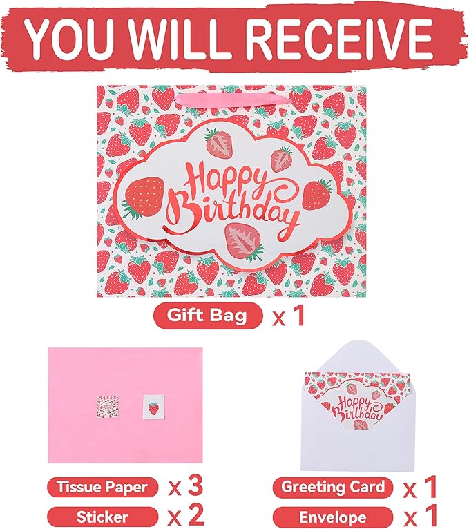 wishinside 13” Large Strawberry Happy Birthday Gift Bag Set with Handles, Greeting Card, Tissue Papers and Stickers for Girls Kids Teens Women, Cute Fruit Themed Birthday Design, 1 Pcs