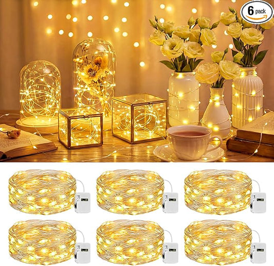 btfarm 6 Pack LED Fairy Lights Battery Operated 3 Modes, 7ft 20 Led Twinkle String Lights Waterproof, Mini Silver Wire Firefly Starry Moon Lights for DIY Christmas Mason jars Wedding Table Centerpiece