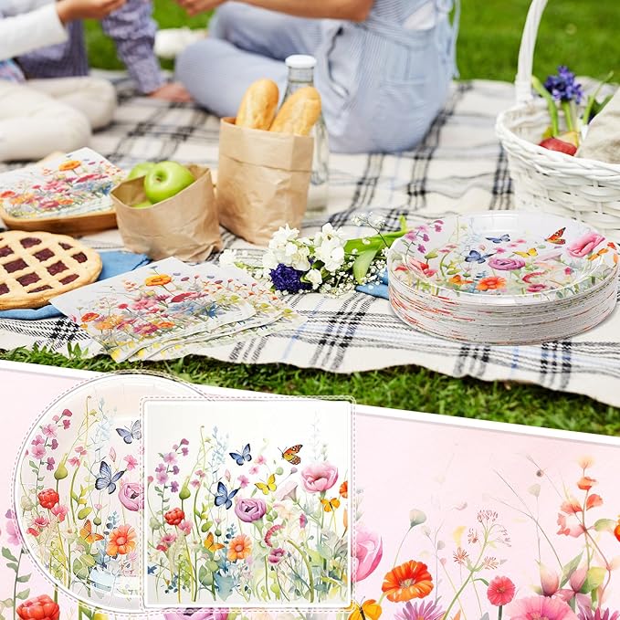 Zhehao 120 Pcs Wildflower Dessert Plates Flower 7 Inch Disposable Paper Plates and Napkins Bulk Floral Birthday Party Decorations Wedding Party Supplies
