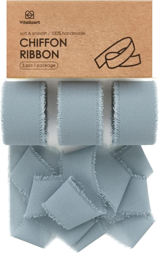 Vitalizart Dusty Blue Chiffon Silk Ribbon 1" x 21 Yd Fringe Fabric Package (3 Rolls * 7 Yd) for Wedding Invitations Bridal Bouquets Decorations Gifts Wrapping & Bow Making