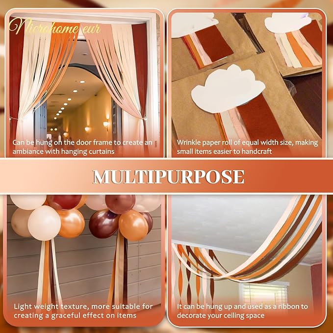 NICROHOME EUR Wedding Decorations, 8 Rolls Rust Orange Brown Crepe Paper Streamers for Rustic Fall Wedding, Bridal Shower, Retro Party, Spring, Summer Decor, Birthday, 82 Ft Long