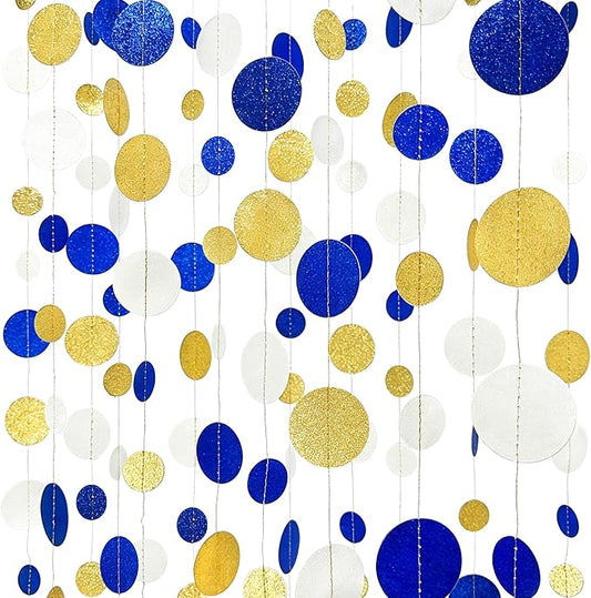 Royal Blue Gold White Party Polka Dot Garland Dark Blue Glitter Gold White Hanging Paper Circle Dots Streamer for Birthday Graduation Baby Shower Wedding Retirement Nautical Party Decorations Supplies