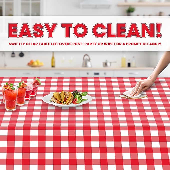 Grandipity Red Gingham Checkered Plastic Table Cloth Disposable (6 Pk) 54in x 108in Plastic Tablecloths for Rectangle Tables - Premium Party Table Cloths Disposable for 6ft to 8ft Rectangle Tables