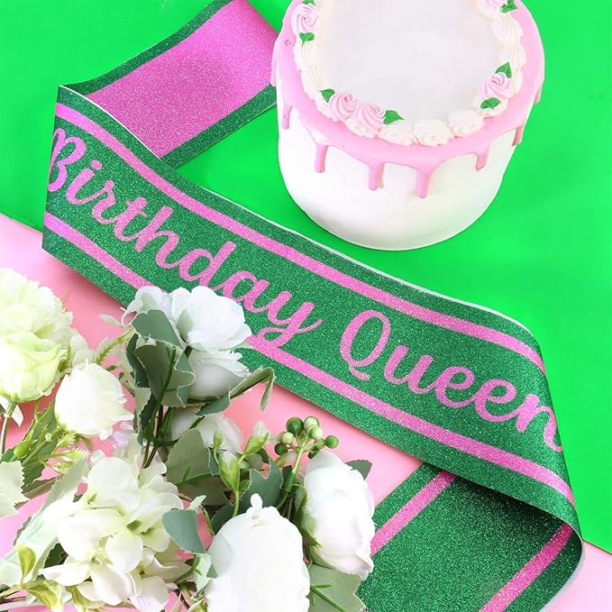 Pink Green Birthday Sash for Girls, Letter "Birthday Queen" Witch Themed Sash with Glitter Foil, Happy Funny Accessories for Party Favors Supplies