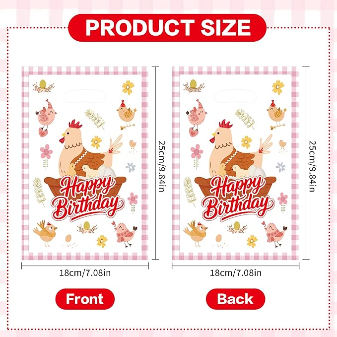 MOIZYNG 50Pcs Chicken Birthday Gift Bags with Handles, Pink Barnyard Little Chick Happy Birthday Plastic Snack Treat Goodie Bags for Farm Animal Chicken Party Decorations