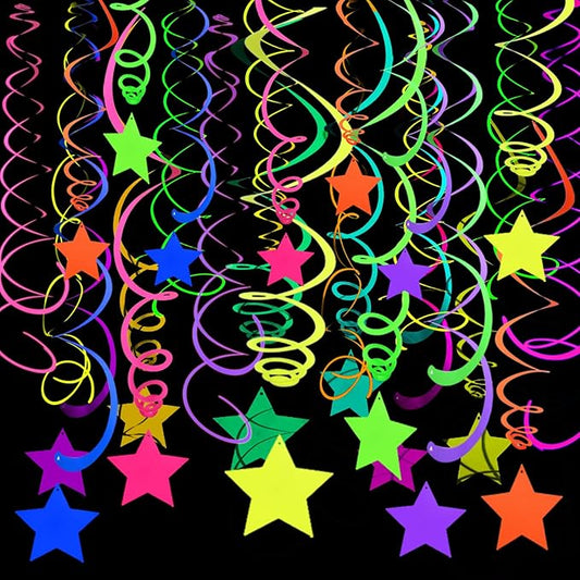 56 Pieces Rainbow Hanging Swirl Decorations Neon Swirl Streamers UV Neon Garland Ceiling Decorations Glow in The Dark Neon Party Supplies and Decorations Black Light Party Kit for Birthday Wedding