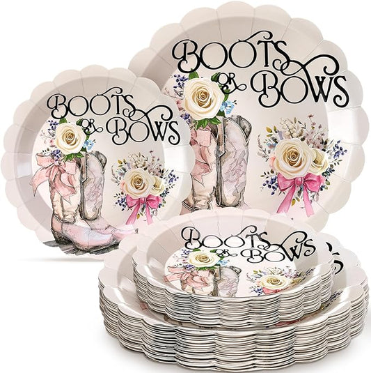 Havawish 60 Pcs Paper Boots or Bows Plates Baby Shower Gender Reveal Decorations Disposable Pink Scalloped Plates Supplies Western Gender Reveal Decoration for Baby Shower Birthday Party Supplies