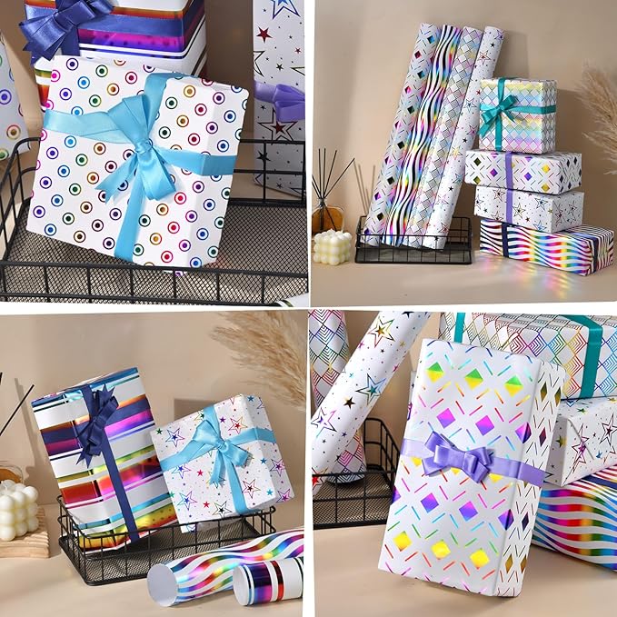 RUIFUN Gift Wrapping Paper, 6 Sheets Metallic Foil Birthday Wrapping Paper with Ribbon, Colorful Shiny Foil Gift Wrap Paper for Girls Women Birthday Christmas Wedding, 20 x 28 Inch