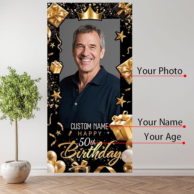 Dicodes Personalized Happy Birthday Door Banner Custom Photo Birthday Photography Background Decorations Party Supplies for Women Men (Black and Gold)