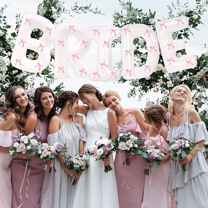 40 Inch White Bride Balloons with Pink Bows, Jumbo Bachelorette Party Décor Bride Letter Balloons Bridal Photo Booth Bridal To Be Banner for Wedding Bachelorette Party Decorations