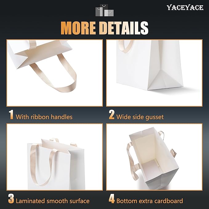 White Paper Gift Bags, 20Pcs 8"x4.25"x10.5" White Kraft Gift Bag with Handles, Medium Gift Bags with Handles Bulk, Paper Shopping Bag Bulk