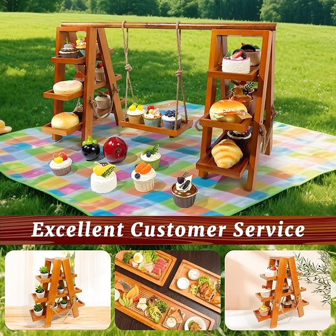Tnstbiee 3 Tier Cupcake Stand - Wooden Display Stand for Desserts, Fruits, Nuts, Cheese - Removable Trays and Foldable Stand - Perfect for Parties and Events - Rustic and Unique Wooden Serving Tray