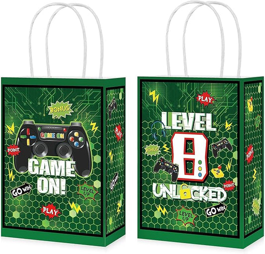 Grencian 16Pcs Video Game 8th Birthday Party Favor Bags Green Gamer 8th Birthday Candy Treat Gift Goodie Bags with Handles Gaming Level 8 Decorations for Boys Kids 8 Years Old Party Favors