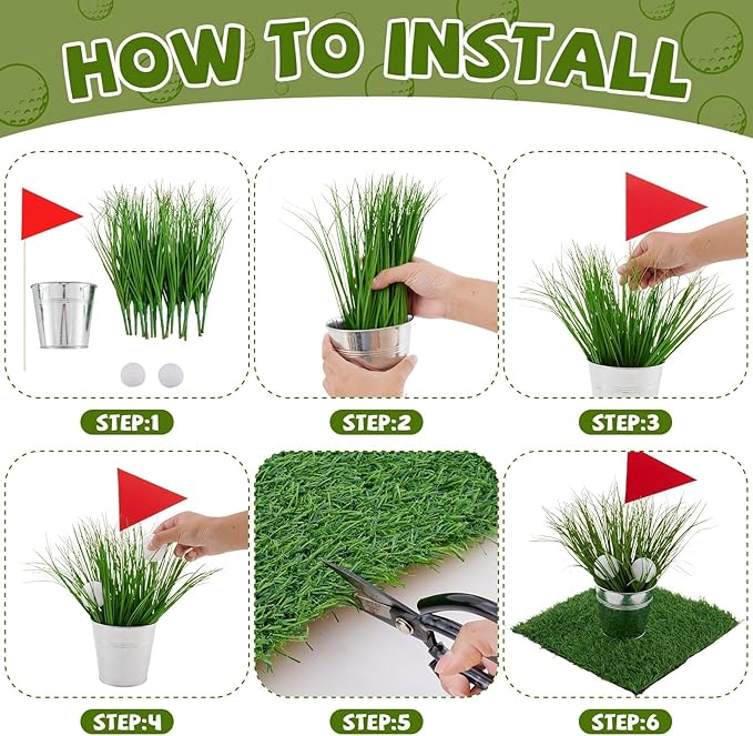 6 Set Golf Party Table Decoration Include 1 Artificial Turf Table Runner 12 Mini Balls 6 Flags 6 Bucket 90 Faux Grass Centerpieces for Golf Masters Party Sport Themed Birthday DIY Decor Favors