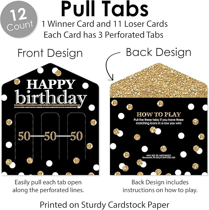 Big Dot of Happiness Adult 50th Birthday - Gold - Birthday Party Game Pickle Cards - Pull Tabs 3-in-a-Row - Set of 12
