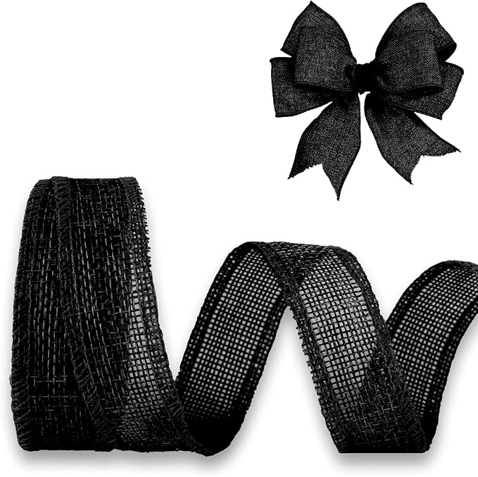Black Burlap Ribbon 1 inch X 10 Yard Natural Linen Woven Ribbon DIY Handmade Edging Production Wreath Holiday Decoration Gift Ribbons for Gift Wrapping Black Jute Linen Ribbons