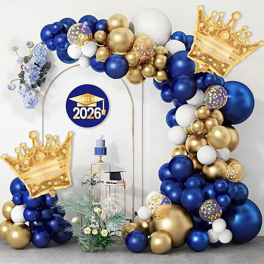 Ouddy Life 142pcs Navy Blue and Gold Balloons Garland Arch Kit, Class of 2026 Decorations Graduation Royal Blue Balloon Gold White Confetti Balloons Foil Crown for College Baby Shower Birthday Party