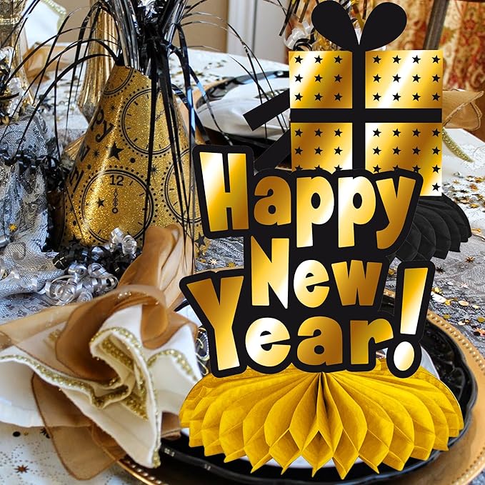 Happy New Year Honeycomb Centerpieces 2026 New Year's Eve Table Decorations 12Pcs New Year Theme Party Supplies Black and Gold Cheers to 2026 Centerpieces for Countdown Party Decor