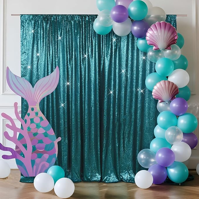 SquarePie 6x8ft Teal Sequin Backdrop for Photography, Satin-Backed Real Sequin Curtain, Enhanced Coverage Shimmering Background with 4" Rod Pocket for Wedding, Birthday, Party Decor, 1 Panel