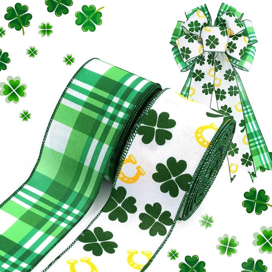 LaRibbons St Patricks Day Ribbon Wired 2 Rolls 2.5 Inch x 20 Yards Tt, Glitter Shamrock Green and White Plaid Ribbon for Crafts Supplies Wreath Bow Making DIY