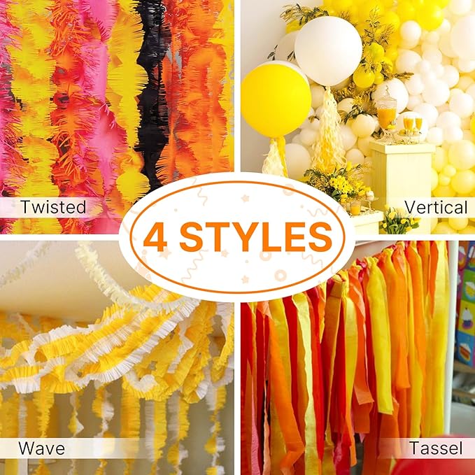 PartyWoo Yellow Crepe Paper Streamers 6 Rolls 492 ft Pack of Pastel Yellow Orange Crepe Paper for Graduation Little Cutie Sunflower Birthday Party Decorations (1.8 Inch x 82 Ft/Roll)