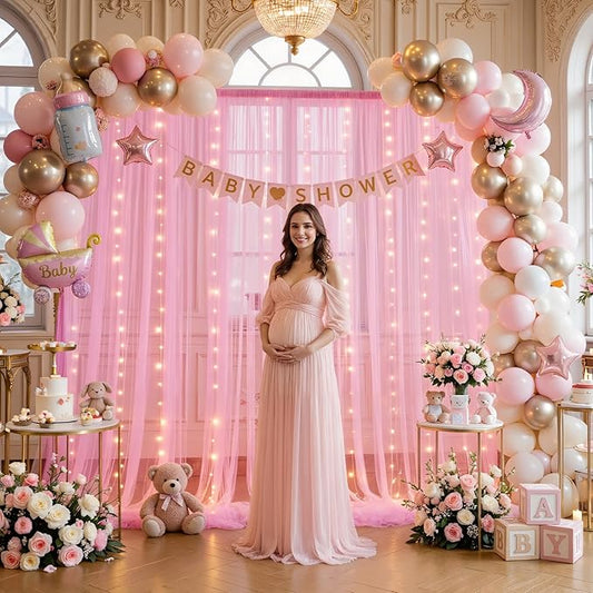 10ft×12ft Pink Tulle Backdrop Curtains with Lights String for Parites Pink Sheer Backdrop Curtains for Baby Shower Girls Birthday Party Wedding Bridal Shower Photo Shoot Background 2 Panels 5×12ft