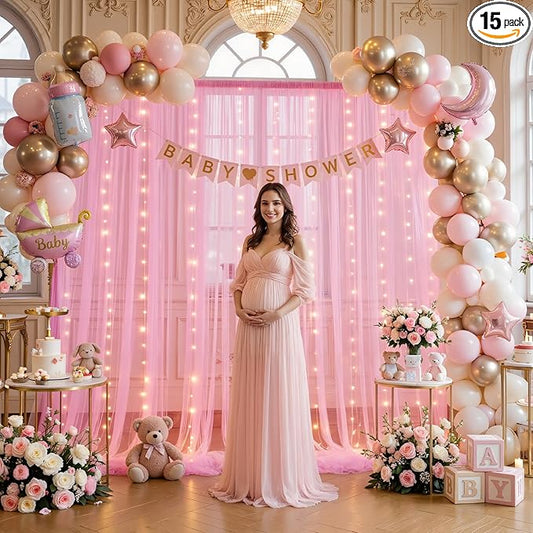 10ft×15ft Pink Tulle Backdrop Curtains with Lights String for Parites Pink Sheer Backdrop Curtains for Baby Shower Girls Birthday Party Wedding Bridal Shower Photo Shoot Background 2 Panels 5×15ft