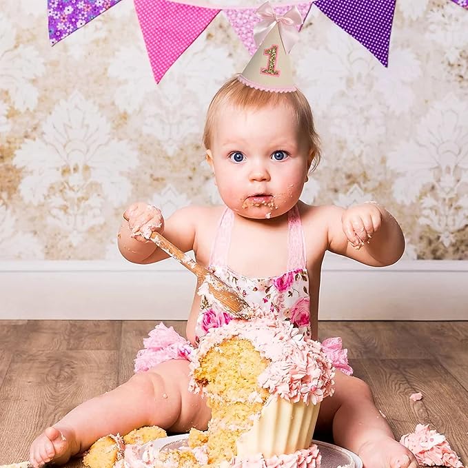 Pink Bow 1st Birthday Hat For Girl -Pink Girls First Birthday Decorations,Princess Theme Photo Prop,Size: 5.5×3.1 In
