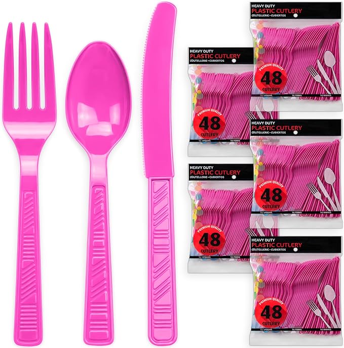DecorRack Plastic Cutlery Set, Fuchsia Pink Colored Plastic Silverware Sets for Parties, 240 Piece Bulk Heavy Duty Utensils (Fuchsia Pink, 240 Pieces)