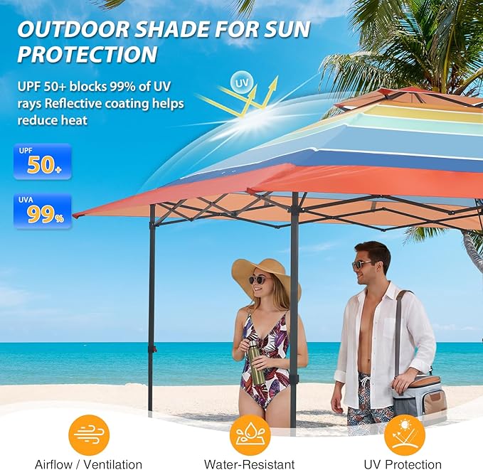 EAGLE PEAK 13x13 Straight Leg Pop Up Canopy Tent Instant Outdoor Canopy Easy Single Person Set up Folding Shelter w/Auto Extending Eaves 169 Square Feet of Shade (Retro Stripe Multi)