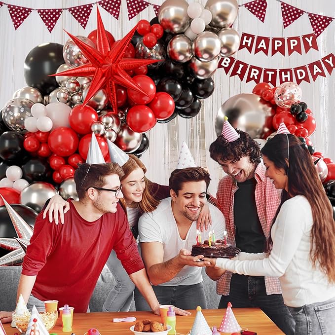 Red White and Black Balloon Garland Arch Kit, Red and Black Party Decorations with white Silver Balloons Confetti Latex Balloons for Graduation Decorations Prom Anniversary Birthday Party Decoration