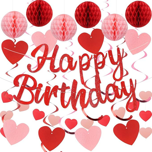 YEOCU Birthday Decorations, NO DIY, Pre-Strung Happy Birthday Banner with Honeycomb Balls, Hanging Swirls, Circle Dots Garland, Happy Birthday Party Decorations for Women Men Boys Girls (Red)