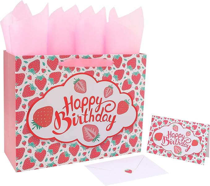 wishinside 13” Large Strawberry Happy Birthday Gift Bag Set with Handles, Greeting Card, Tissue Papers and Stickers for Girls Kids Teens Women, Cute Fruit Themed Birthday Design, 1 Pcs