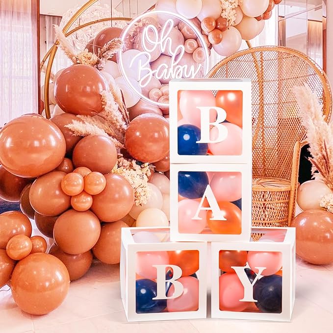 Voircoloria Baby Boxes with Letters for Baby Shower, Baby Shower Decorations with 4 Balloon Boxes for Gender Reveal Baby Shower Decorations(Navy and Rose Balloons)