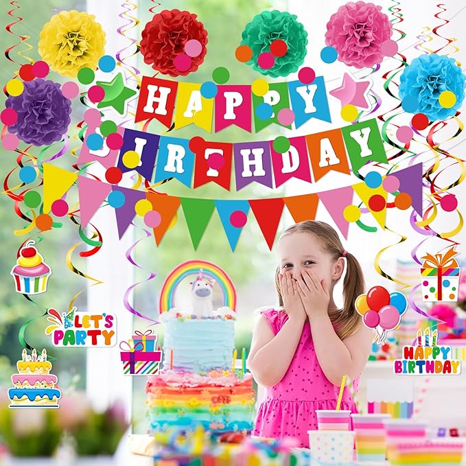 Clabby Rainbow Birthday Decorations Kit Including Colorful Happy Birthday Banner Hanging Swirls Streamers Cutouts Honeycomb Flower Balls Triangle Bunting Flag Circle Dots Confetti Garland Supplies