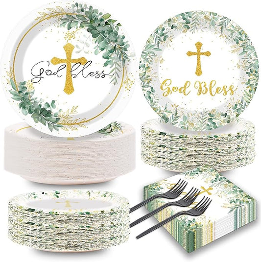 Naozinebi 200Pcs God Bless Baptism Plates Napkins First Holy Communion Party Tableware Set Christening Ceremony Dinnerware Confirmation Paper Plates for Mi Bautizo Baby Shower Decor Supplies Serve 50
