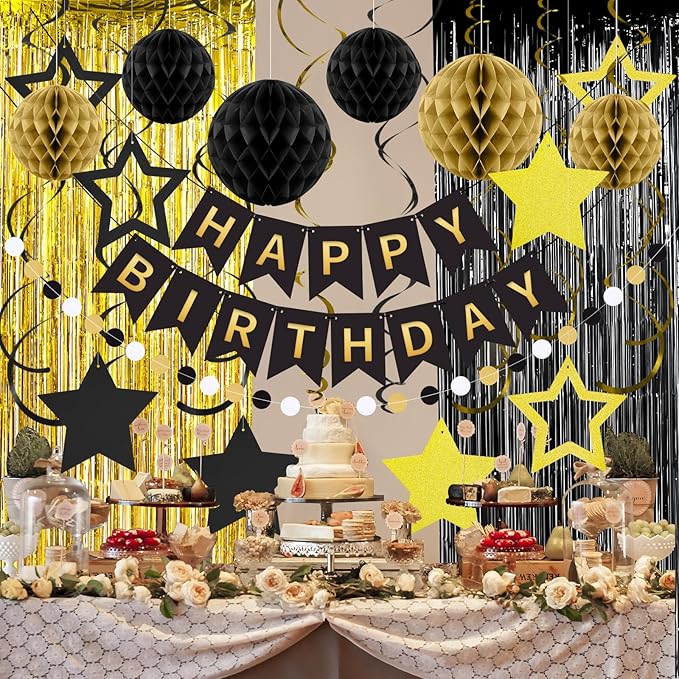 ZERODECO Birthday Decorations, Happy Birthday Banner with Paper Honeycomb, Star Hanging Swirl, Fringe Curtain, Garland, Birthday Party Decorations for Women Men Boys Girls (Black Gold)