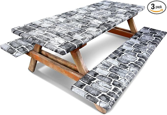 Boao 3 Pcs Vinyl Picnic Table Cover with Bench Cover 6 ft 30 x 72 Inch Waterproof Fitted Tablecloth Flannel Backing Rectangular Elastic Edged for Camping Outdoor Patio Travel(Brick)