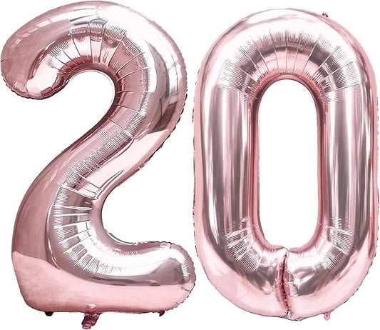 FIROMI 20 Foil Number Balloons Rose Gold 40-inch Big Giant Jumbo Mylar 20 Balloon Numbers for 20th Birthday Party Anniversary Decorations