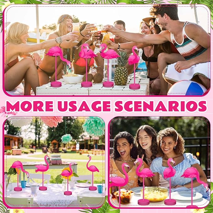 Geelin 10 Pcs Flamingo Table Decor Summer Pink Flamingo Party Decoration Table Sign Centerpiece Hawaiian Tropical Wood Tall Standing Block Bird Topper Sign for Office Desk Home Tier Tray Holiday Party