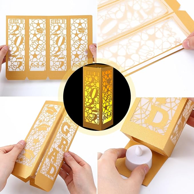 Rossesay 12 Pcs Graduation Table Centerpieces Boxes Class of 2026 Graduation Lanterns for Centerpieces with LED Candles Congrats Grad School College Photo Props for Party Table Decoration (Gold)