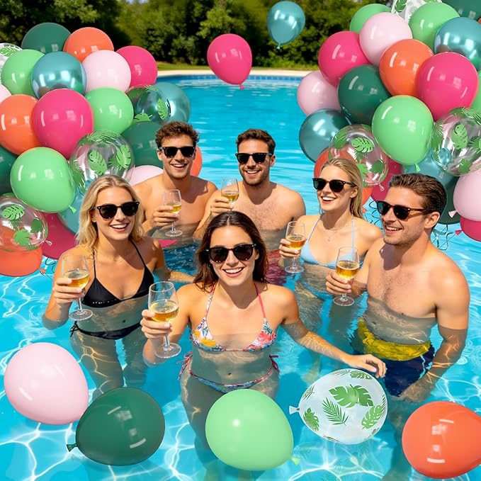 Ouddy Life 71pcs Tropical Hawaiian Balloons Set, 12 inch Luau Party Decorations Hot Pink Dark Green Palm Leaves Balloons for Tropical moana Aloha Summer Beach Birthday Baby Shower Party Decorations
