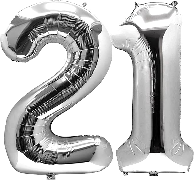 Silver 21 Number Balloons Big Giant Jumbo Large Number 21 Foil Mylar Balloons for Girl Women Men 21st Birthday Party Supplies 21 Anniversary Events Decorations-40 inch