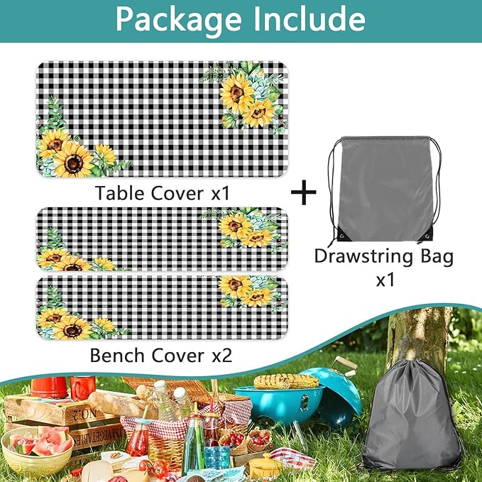 Picnic Table Cover with Bench Covers and Bag, Outdoor Waterproof Windproof Tablecloth with Elastic Edges. Camping Accessories RV Gear Campers 72x30 Inches 3 Pcs Set Black-White Checkered