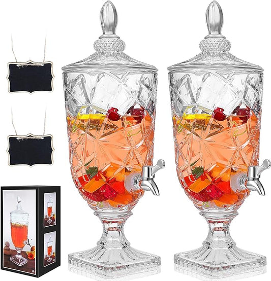 Zhehao 2 Pcs Drink Dispensers for Parties 0.8 Gallon Glass Beverage Dispenser Clear Vintage Crystal Beverage Dispenser with Spigot and 2 Wooden Chalkboard Wide Mouth Beverage Server for Bar Home