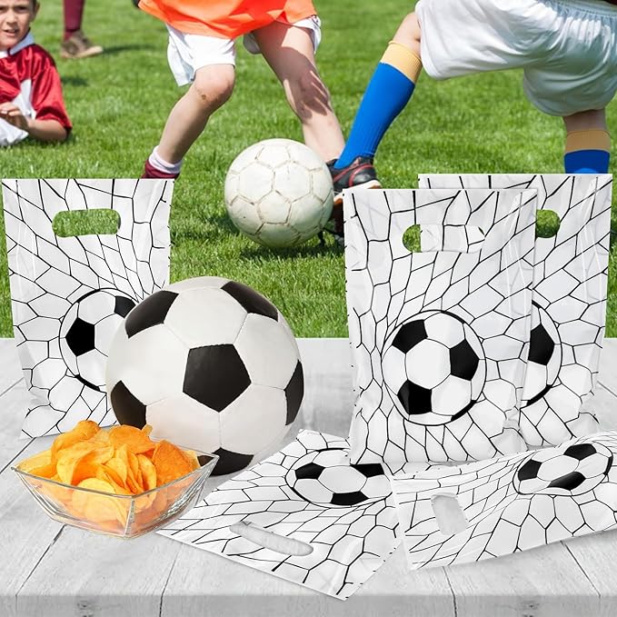 Hxezoc 50 Pieces Soccer Gift Bags Plastic Treat Bag Sport Theme Goodie Bags Soccer Candy Wrap with Handles Party Favor Bags For Kids Birthday Party Decoration Supplies