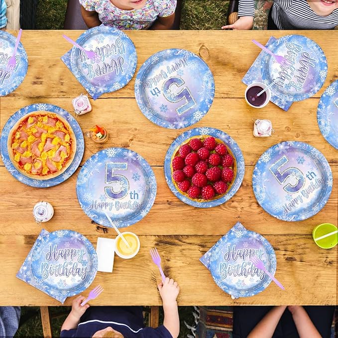 Grencian 96Pcs Frozen Party Supplies Plates Winter Onderland 5th Birthday Plates Winter Snowflake Happy 5th Birthday Tableware Disposable for Kids Girls Frozen Themed Party Christmas