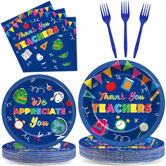 Qyeahkj 100 Pcs Thank You Teachers Decoration for We Appreciation You Paper Plate Napkin Set Graduation Be Thankful to Teacher Table Supplies Thank You Plates Teachers Day Tableware Decor Serves 25